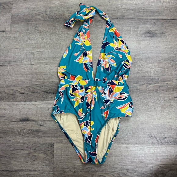 ModCloth bathing suit Women’s One Piece Floral Medium Halter Tropical Green - Picture 2 of 10